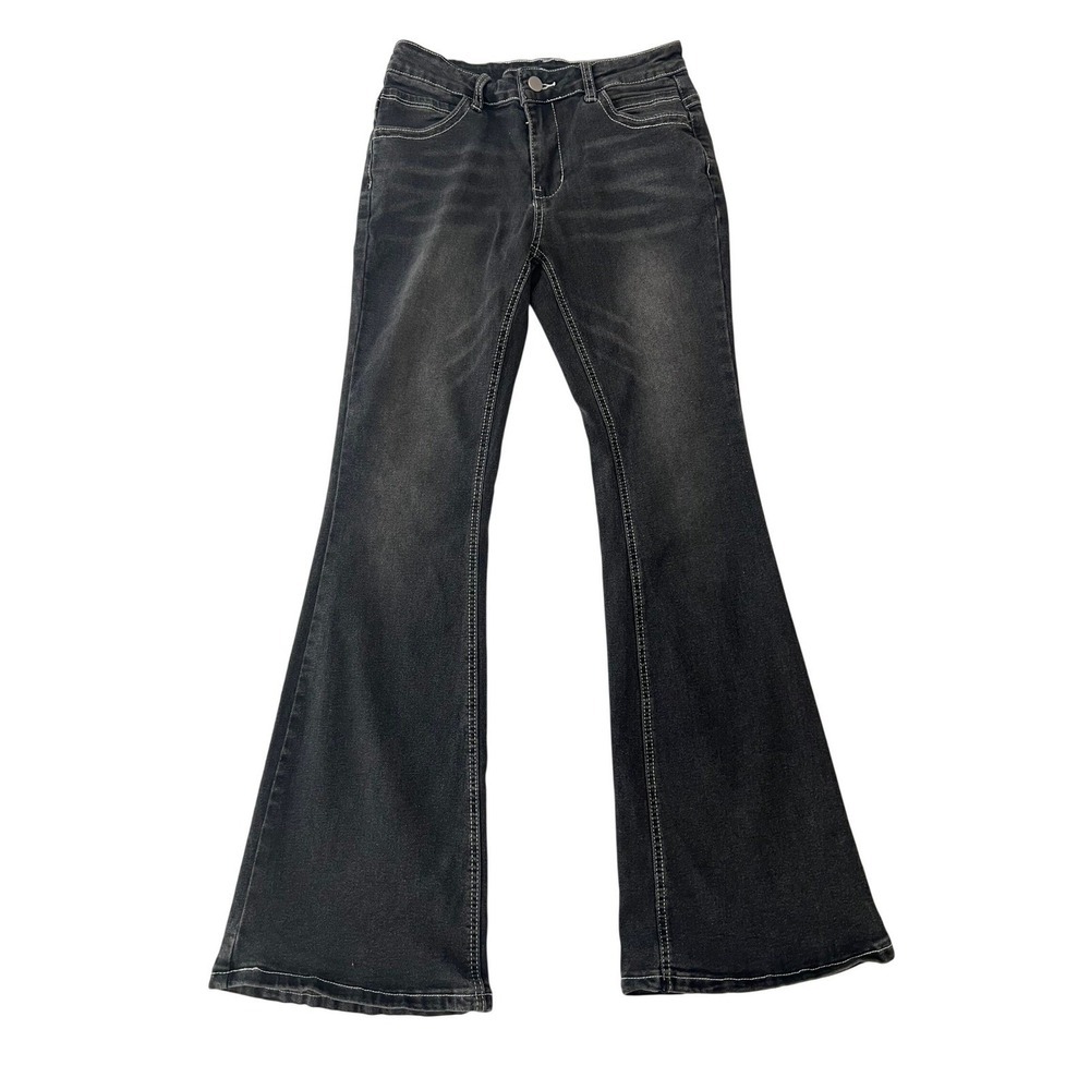 SHEIN Womens High Waisted Flare Jeans Washed Black Denim Small 4 (0981)